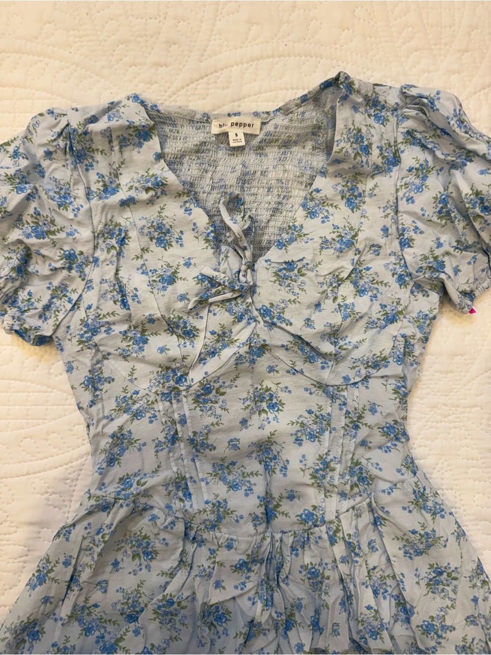 Blu Pepper Light Blue Floral Ruffle Tie-Front Top